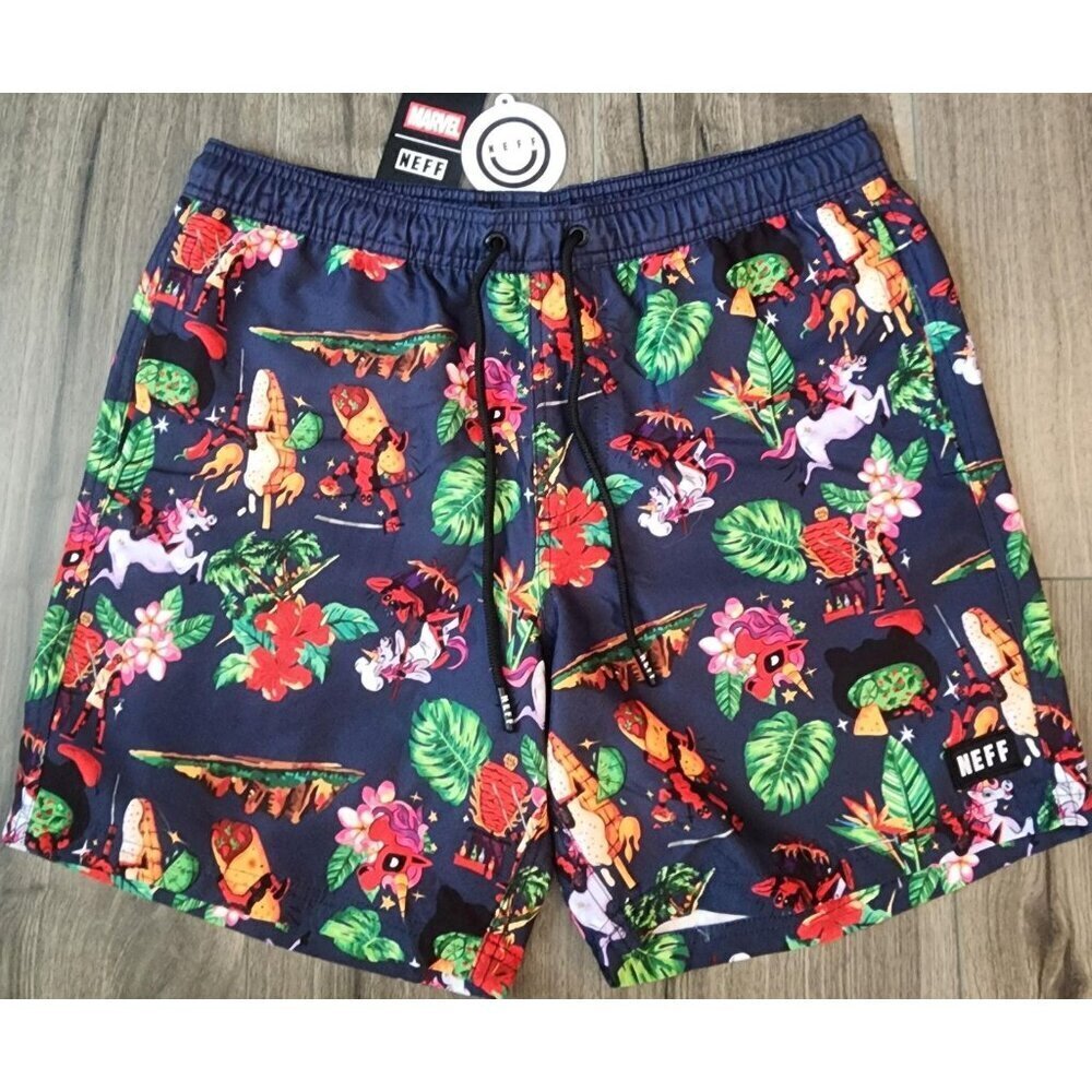 Marvel Neff Shorts Mens Medium Deadpool Tacos Unicorn Swim Trunks Boardshorts
